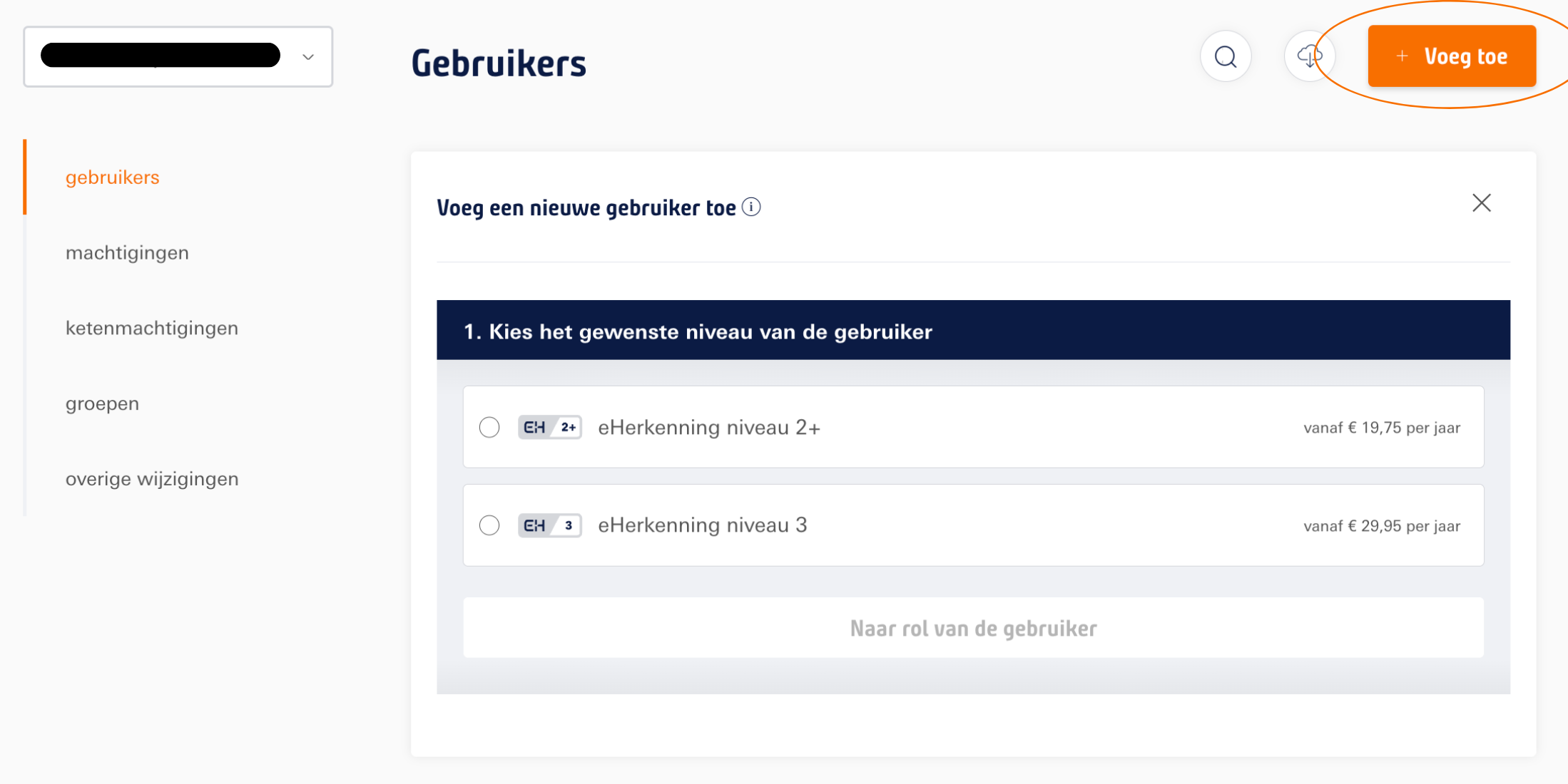 Gewenste niveau van de Gebruiker kiezen in de beheermodule op Mijn Z login