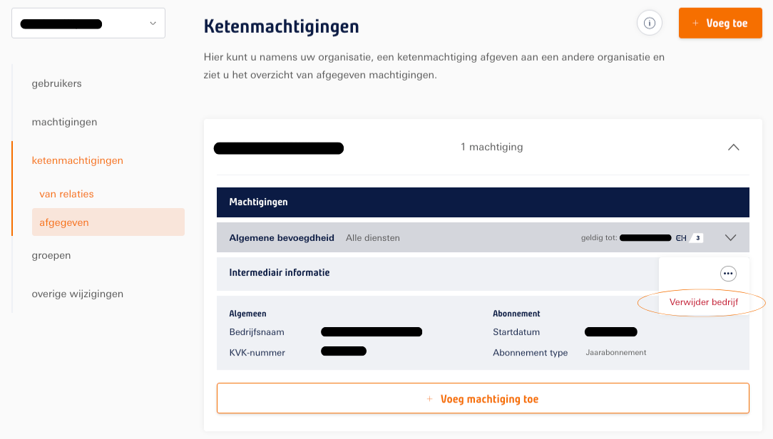 Ketenmachtiging intrekken op de beheermodule in Mijn Z login